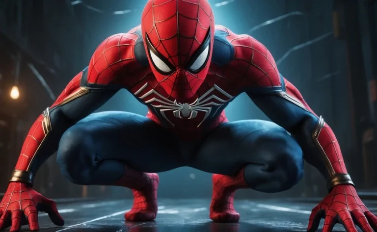 Spiderman in red and blue suit crouched