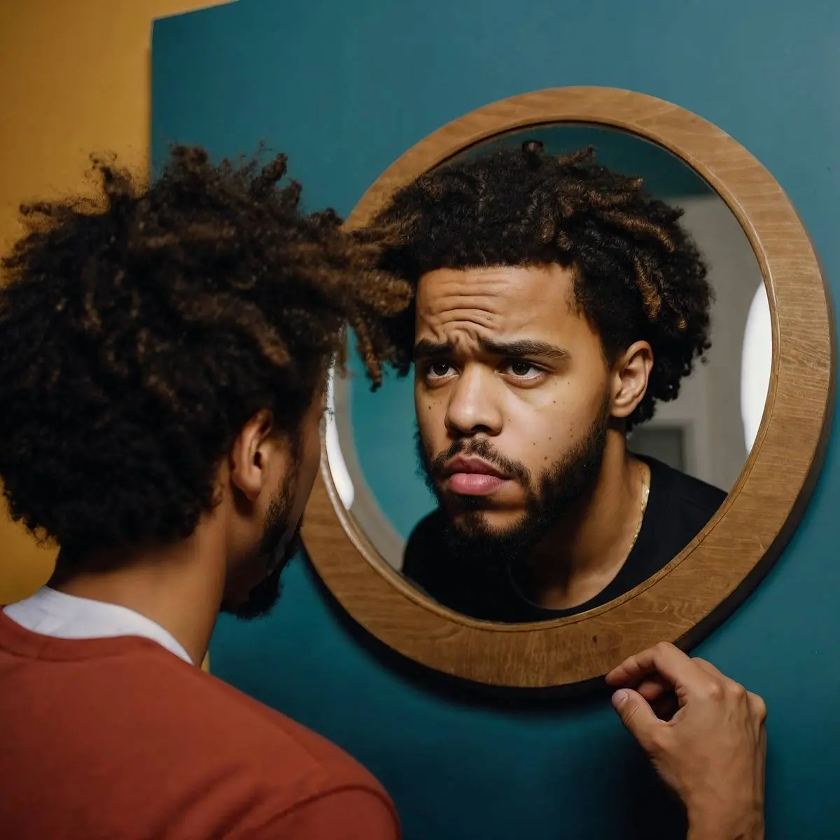 J Cole looking in a mirror