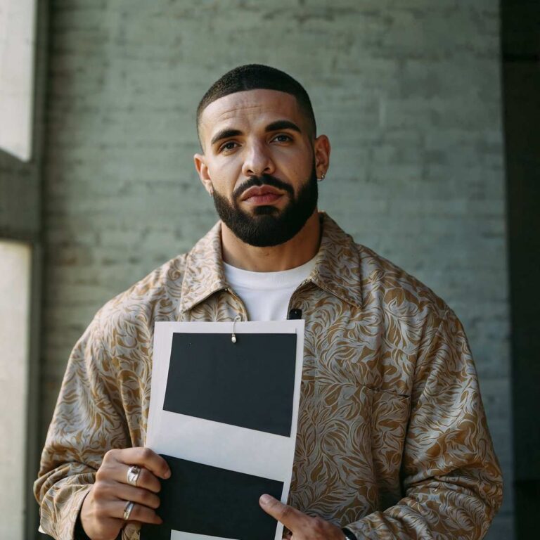 A depiction of Drake holding documents