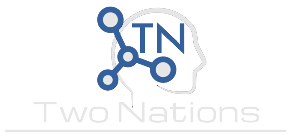 Logo for 'Two Nations' featuring a human head silhouette with interconnected circles and the letters 'TN'.